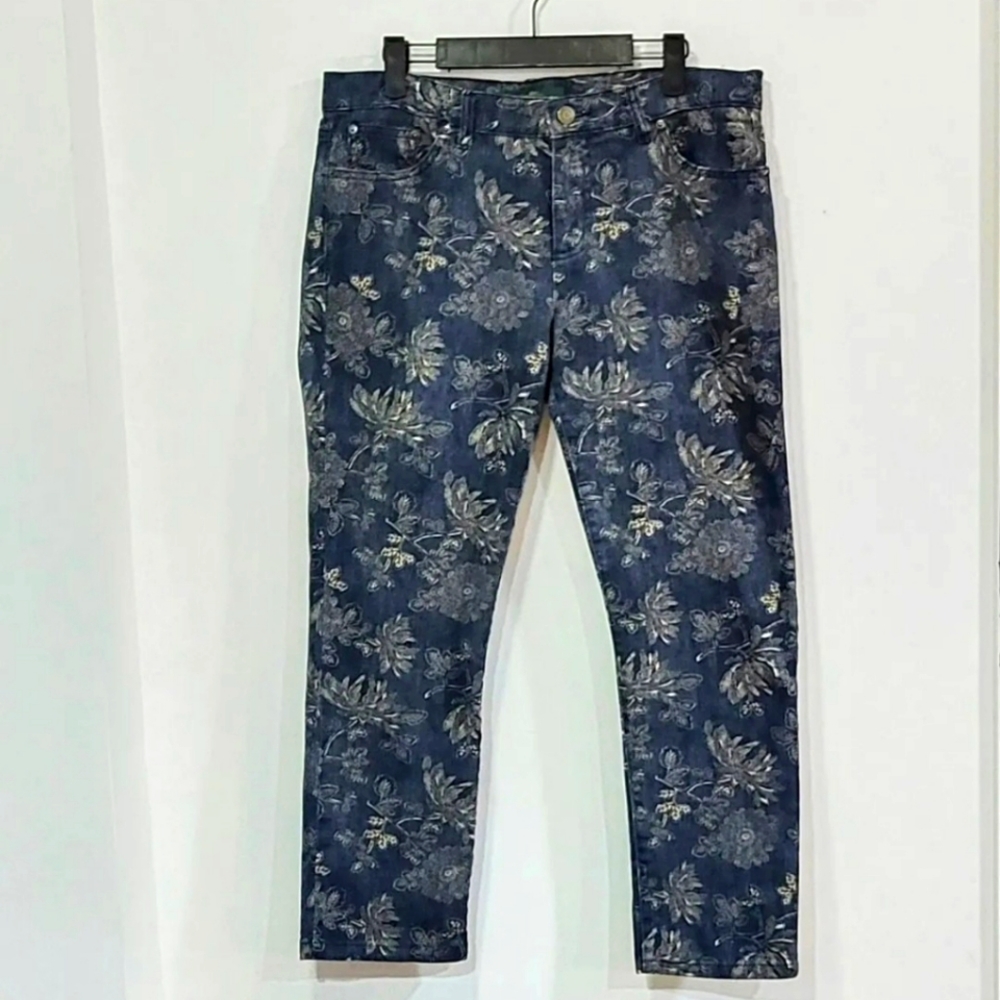 Ralph Lauren Women's Blue Tan Floral Print Modern Straight Ankle LRL Jeans